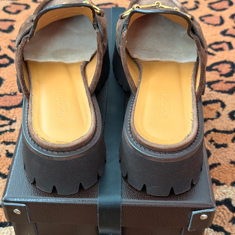 Gucci Sylke Horsebit Platform Mules Washed Brown Suede - Picture 9 of 10